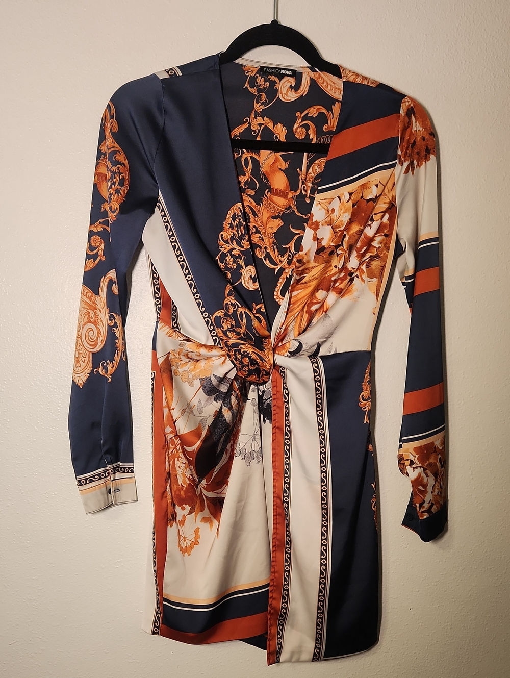 Fashion Nova Navy, Rust & Cream Long Sleeve Wrap Dress